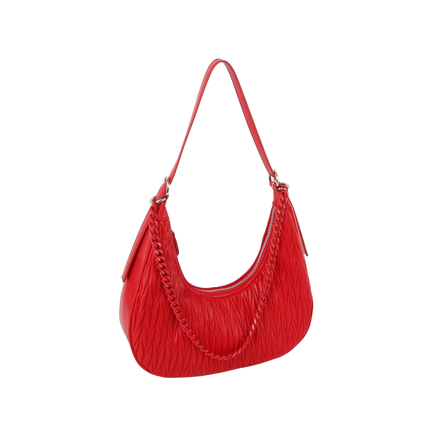 The Chain Accented Gathered Hobo Handbag is a red faux leather bag with a quilted texture, curved shape, chain accent on the front, adjustable strap, and single shoulder strap, shown on a white background.