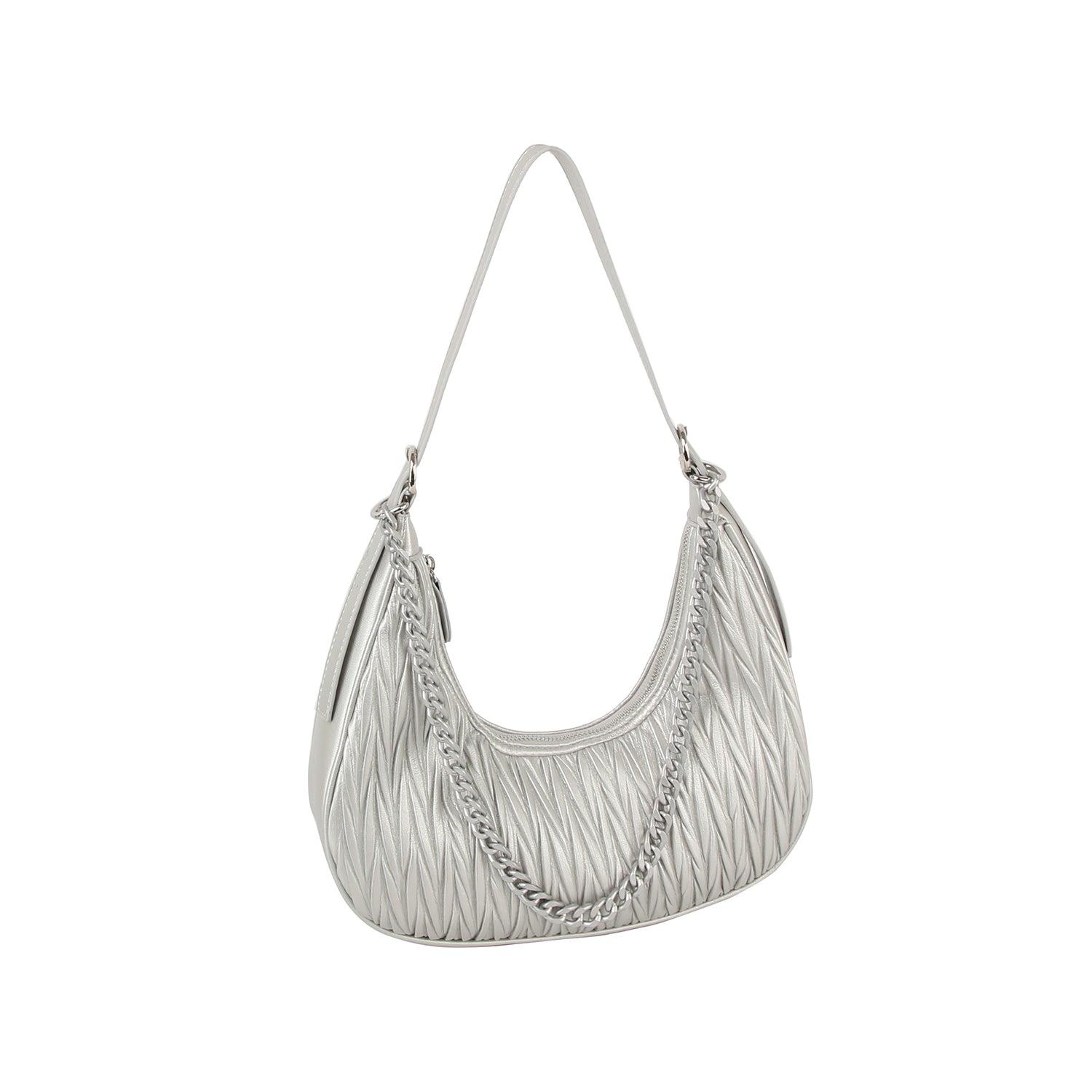 The Chain Accented Gathered Hobo Handbag is a silver quilted faux leather bag with a curved shape, top handle, zip closure, and a decorative silver chain draped across the front.