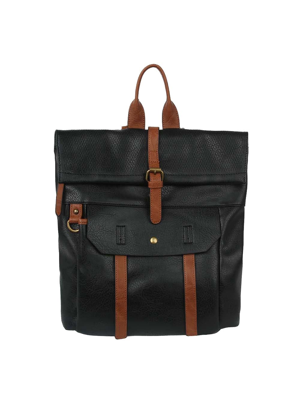 The Front Pocket Fashion Backpack features black faux leather, brown straps, a front flap pocket with button and buckle closure, brown top handle, adjustable straps for comfort, and fits a tablet—perfect for everyday convenience.