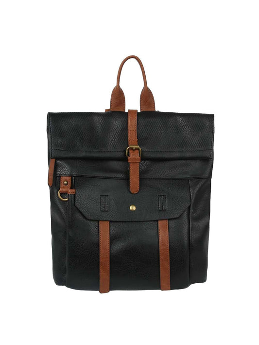 The Front Pocket Fashion Backpack features black faux leather, brown straps, a front flap pocket with button and buckle closure, brown top handle, adjustable straps for comfort, and fits a tablet—perfect for everyday convenience.