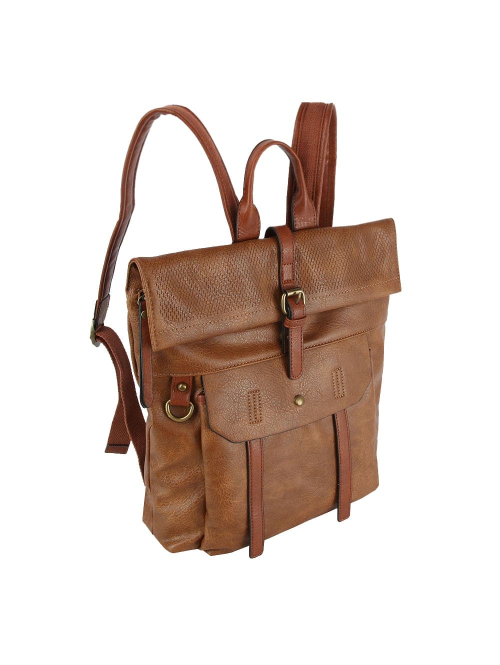 The Front Pocket Fashion Backpack features brown faux leather, a fold-over buckle top, front flap pocket, adjustable straps, brass hardware, and is tablet compatible. Displayed on a white background.