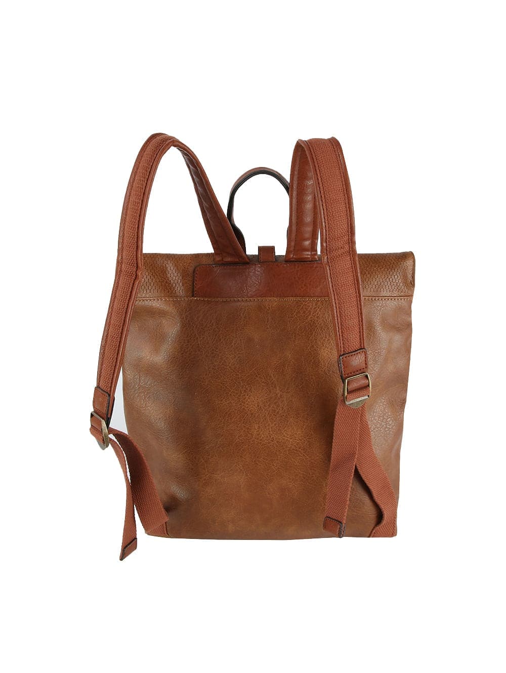 The Front Pocket Fashion Backpack in brown faux leather features adjustable straps and a top handle, shown from the back against a white background.