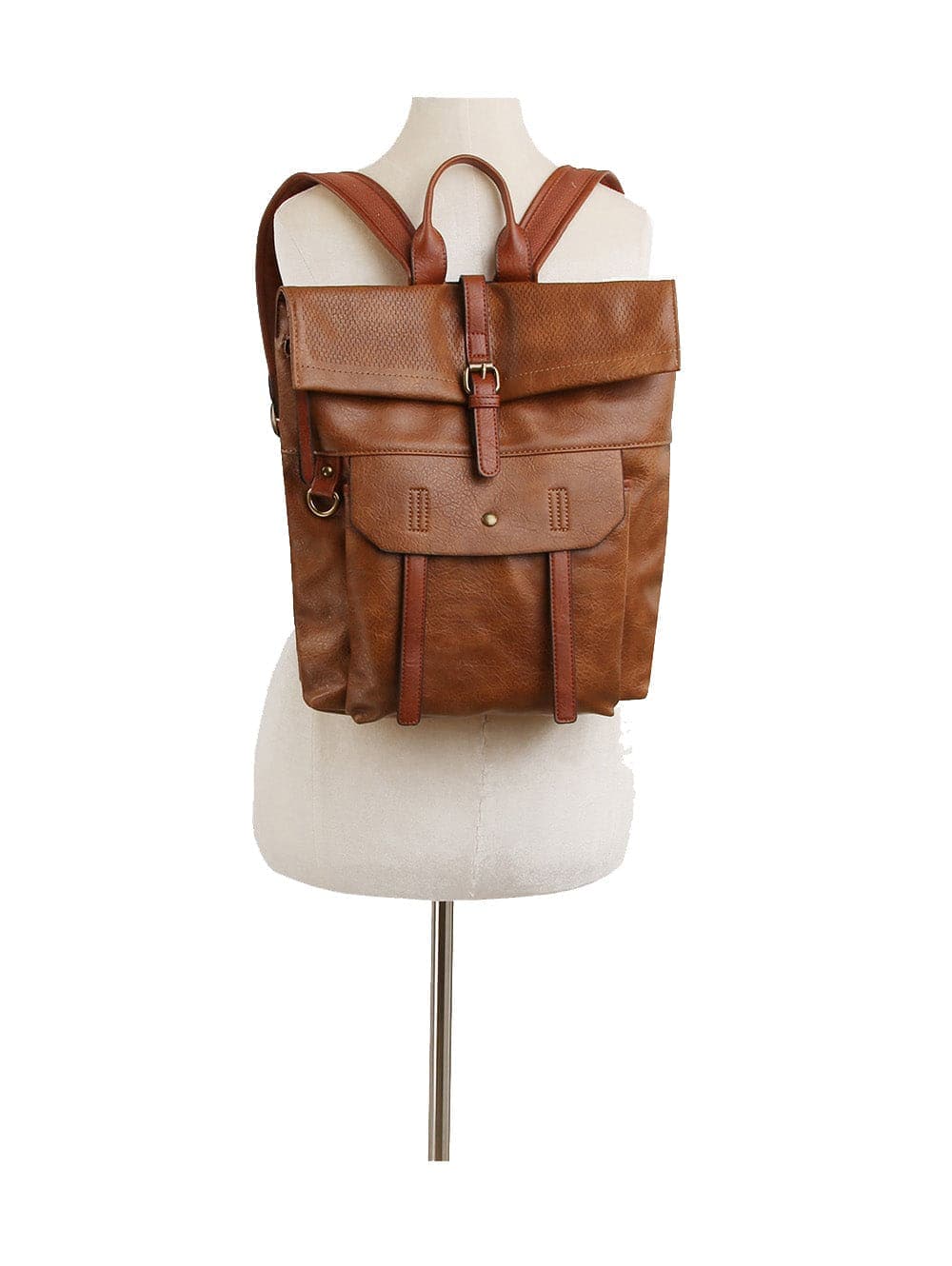 The Front Pocket Fashion Backpack, featuring brown faux leather, a flap closure, front buckles, and adjustable straps, is displayed on a white dress form mannequin.