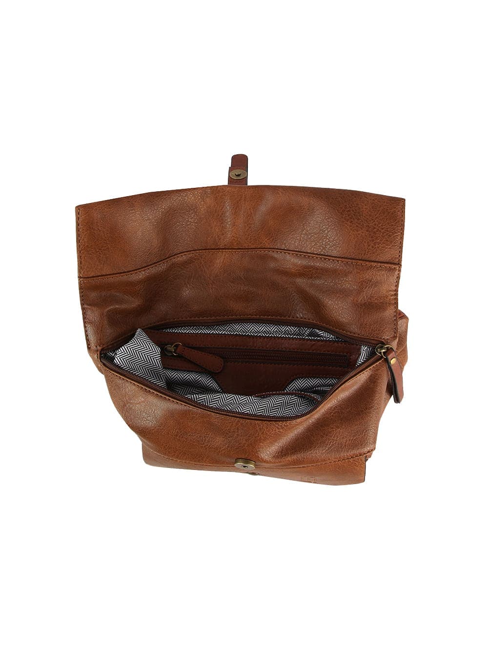 The Front Pocket Fashion Backpack features an open brown faux leather design with a lifted flap, spacious tablet-compatible interior lined in black-and-white pattern, zippered inner pocket, and adjustable straps for comfort and versatility.