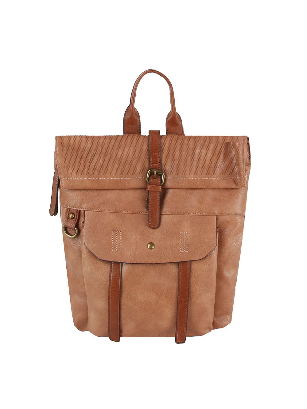 The Front Pocket Fashion Backpack features light brown faux leather, a fold-over top with buckle closure, front flap pocket, two vertical straps, top handle, adjustable straps, brass hardware accents, and is tablet compatible.
