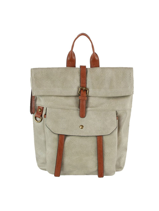 The Front Pocket Fashion Backpack features beige canvas, adjustable backpack straps, brown leather accents, a snap-button front flap pocket, and a top handle, shown against a white background.