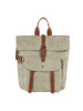 The Front Pocket Fashion Backpack features beige canvas, adjustable backpack straps, brown leather accents, a snap-button front flap pocket, and a top handle, shown against a white background.