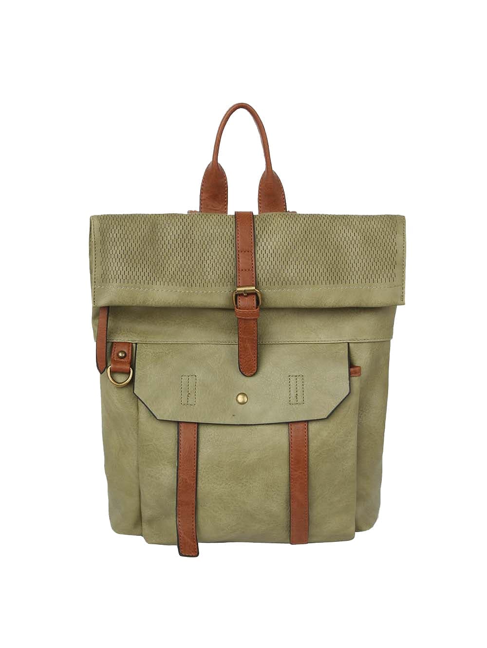 The Front Pocket Fashion Backpack in olive green faux leather has brown straps, a front flap pocket with button, buckle-secured main flap, adjustable straps, perforated top panel, and fits a tablet for everyday convenience.