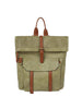 The Front Pocket Fashion Backpack in olive green faux leather has brown straps, a front flap pocket with button, buckle-secured main flap, adjustable straps, perforated top panel, and fits a tablet for everyday convenience.