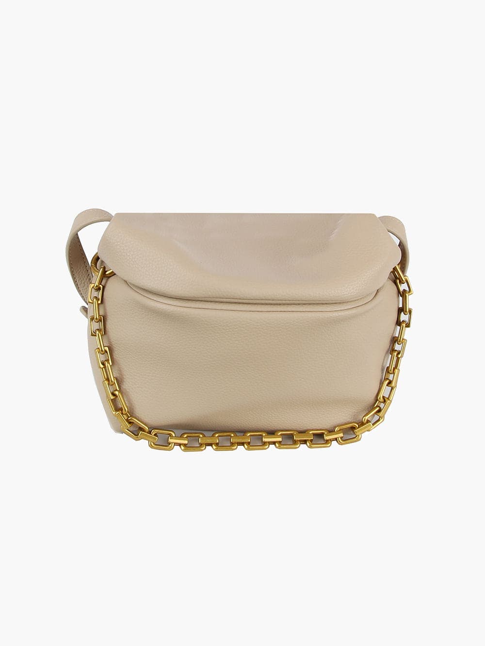 The Chain Accented Front Flap Shoulder Bag is a beige faux leather shoulder bag with gold-tone hardware and a stylish chain detail on the front, shown against a white background.