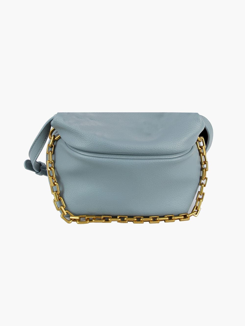 The Chain Accented Front Flap Shoulder Bag is a light blue faux leather handbag with a soft, rounded shape and chunky gold-toned hardware chain along the bottom edge, displayed against a plain white background.