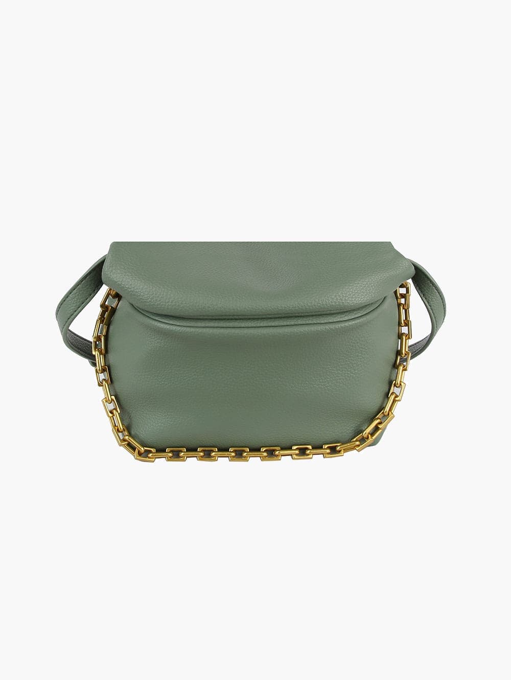 The Chain Accented Front Flap Shoulder Bag features sage green faux leather, a flap closure, short side straps, an adjustable strap for versatility, and chunky gold-toned chain hardware along the front bottom edge.