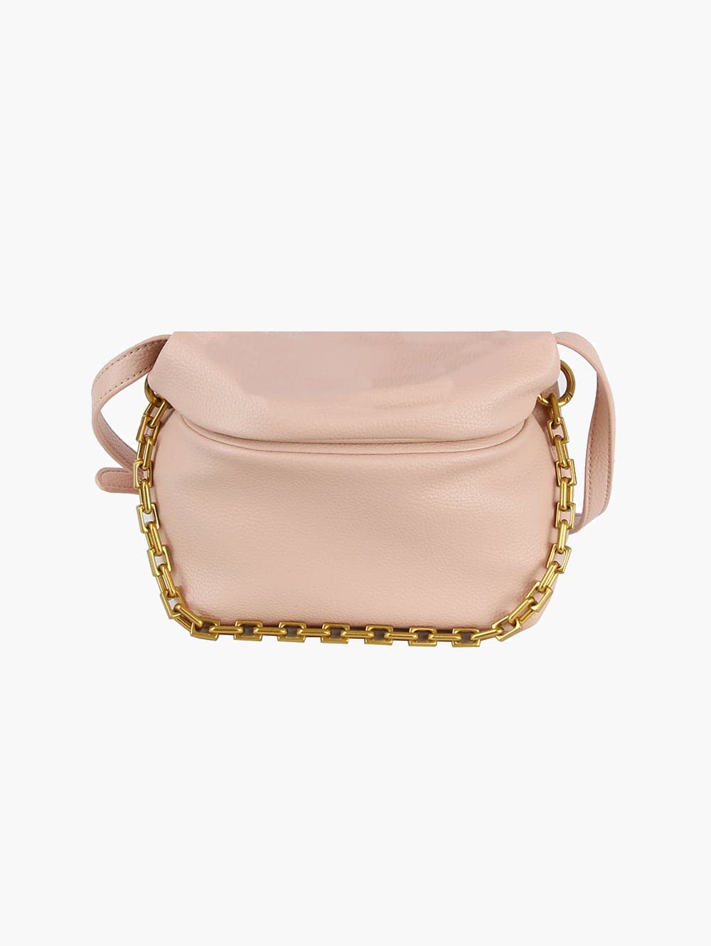 The Chain Accented Front Flap Shoulder Bag features light pink faux leather, a flap closure, adjustable strap, gold-toned chain hardware on the front edge, and is shown against a white background.