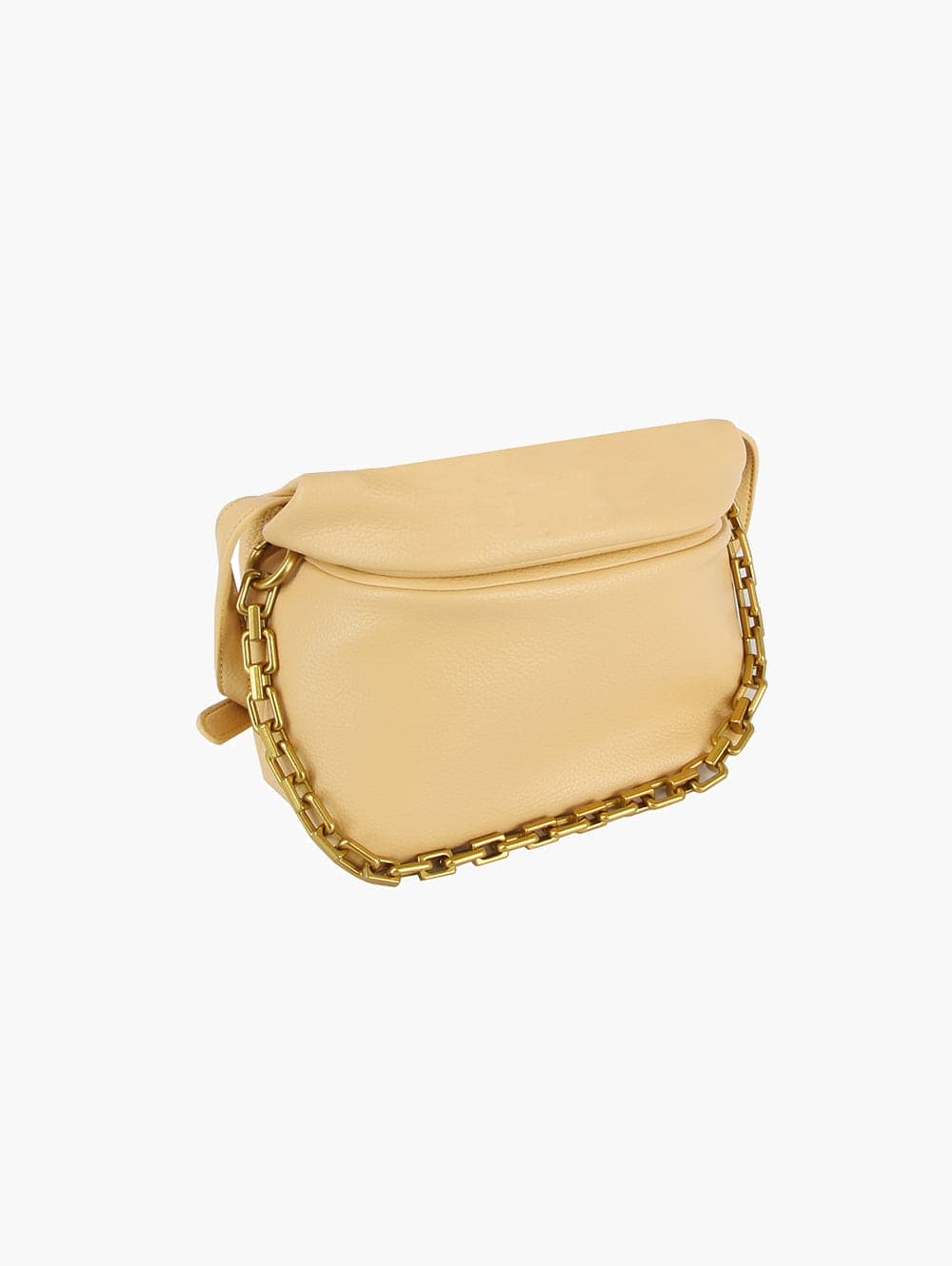 The Chain Accented Front Flap Shoulder Bag is a beige faux leather design with chunky gold-toned hardware along the edge, an adjustable strap, and a flap closure, shown against a plain white background.