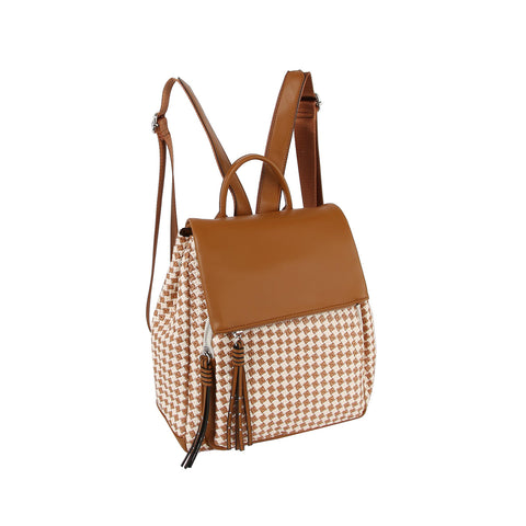 Tassel Accented Straw And Faux Leather Backpack