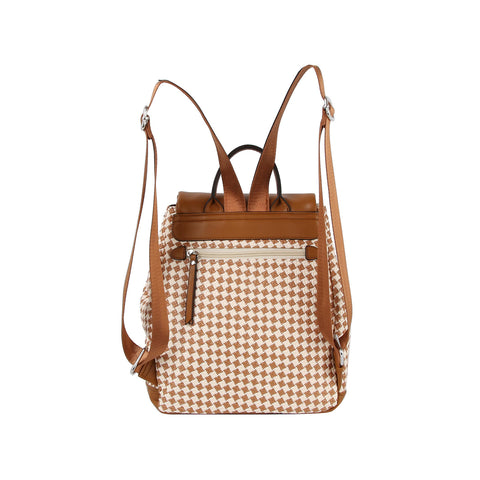 Tassel Accented Straw And Faux Leather Backpack