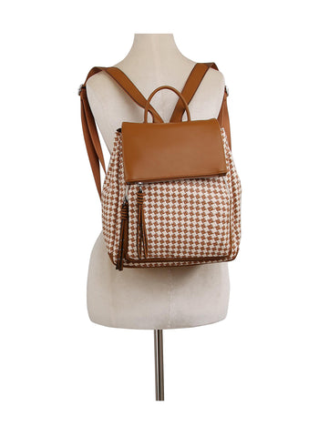 Tassel Accented Straw And Faux Leather Backpack