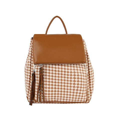 Tassel Accented Straw And Faux Leather Backpack