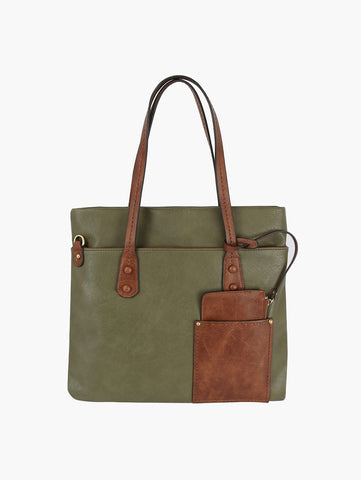 The Two Toned Tall Tote Handbag is a green faux leather tote with brown handles, trim, and a matching detachable pouch. Tablet compatible, it's shown on a plain white background.