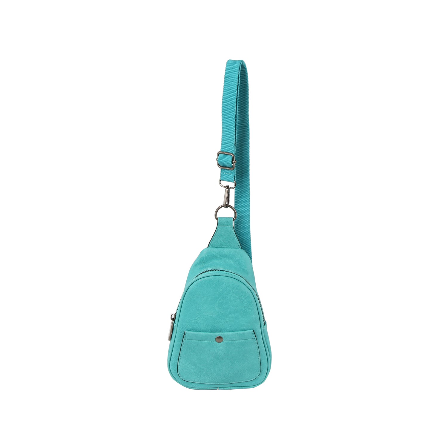 The Casual Front Pocket Front Crossbody Bag features turquoise faux leather, a front pocket, metal snap button, top zip closure, and an adjustable strap, shown against a white background.