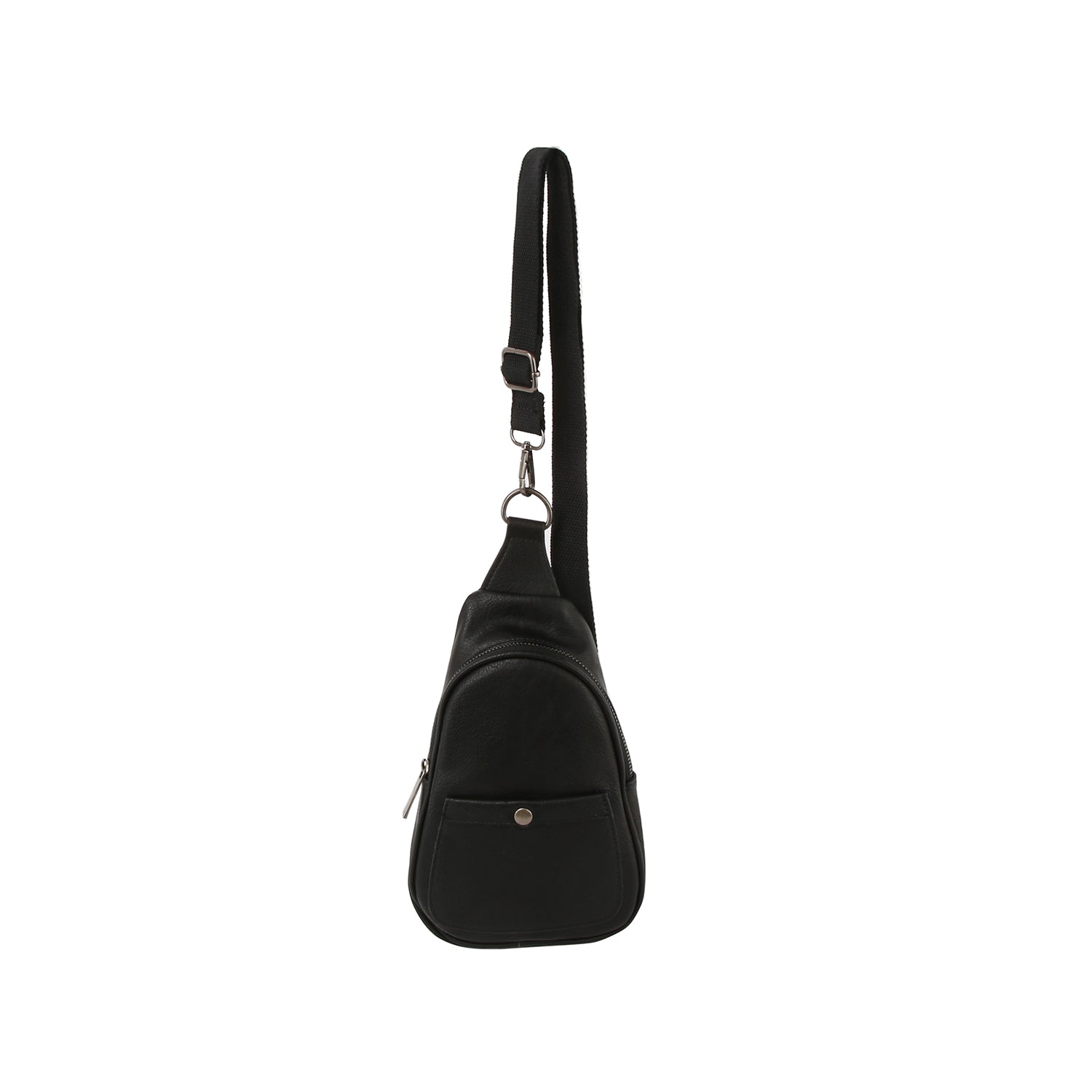 The Casual Front Pocket Front Crossbody Bag in black faux leather features a front pocket, top zip closure, and an adjustable strap, shown upright against a plain white background.