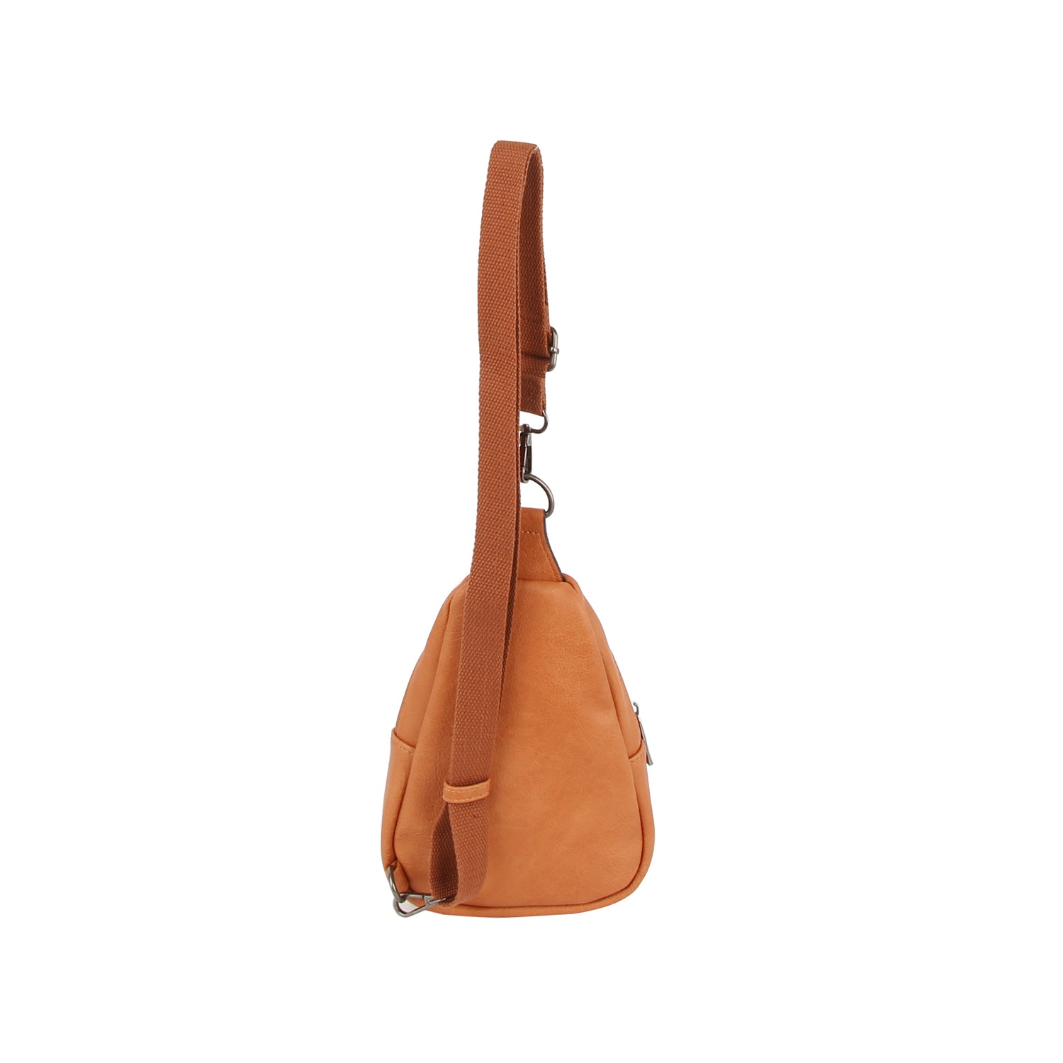 Side view of the Casual Front Pocket Front Crossbody Bag in light brown faux leather with an adjustable strap and top zip closure, displayed against a plain white background.
