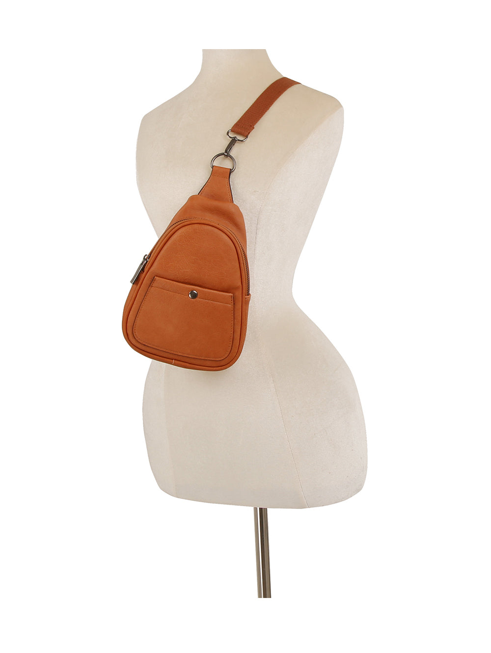 The Casual Front Pocket Front Crossbody Bag, made of tan faux leather with a top zip closure and front pocket, is shown on a white dress form mannequin against a plain white background.