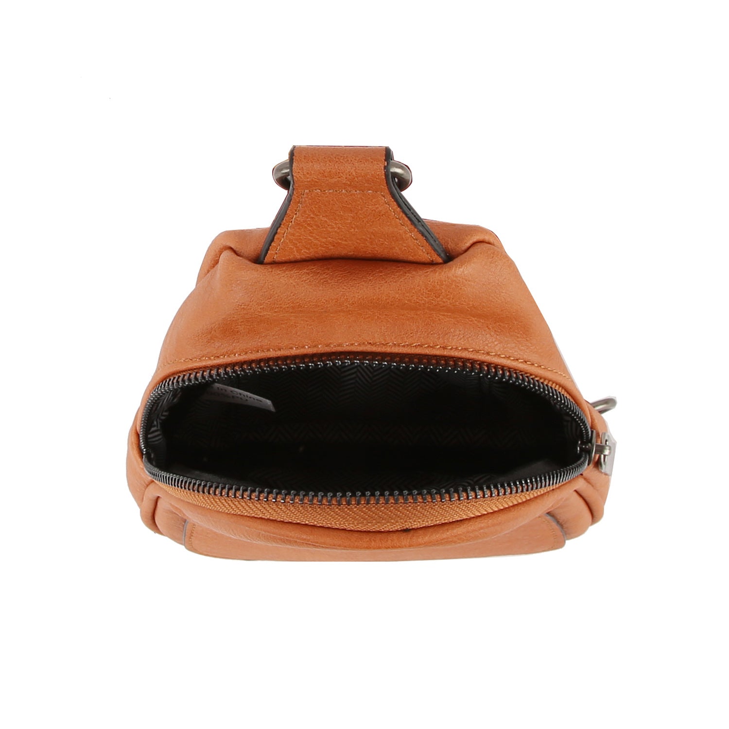 The Casual Front Pocket Front Crossbody Bag is a small brown faux leather pouch with a top zip closure, partially open to show its dark patterned interior and small inner pocket, photographed against a white background.