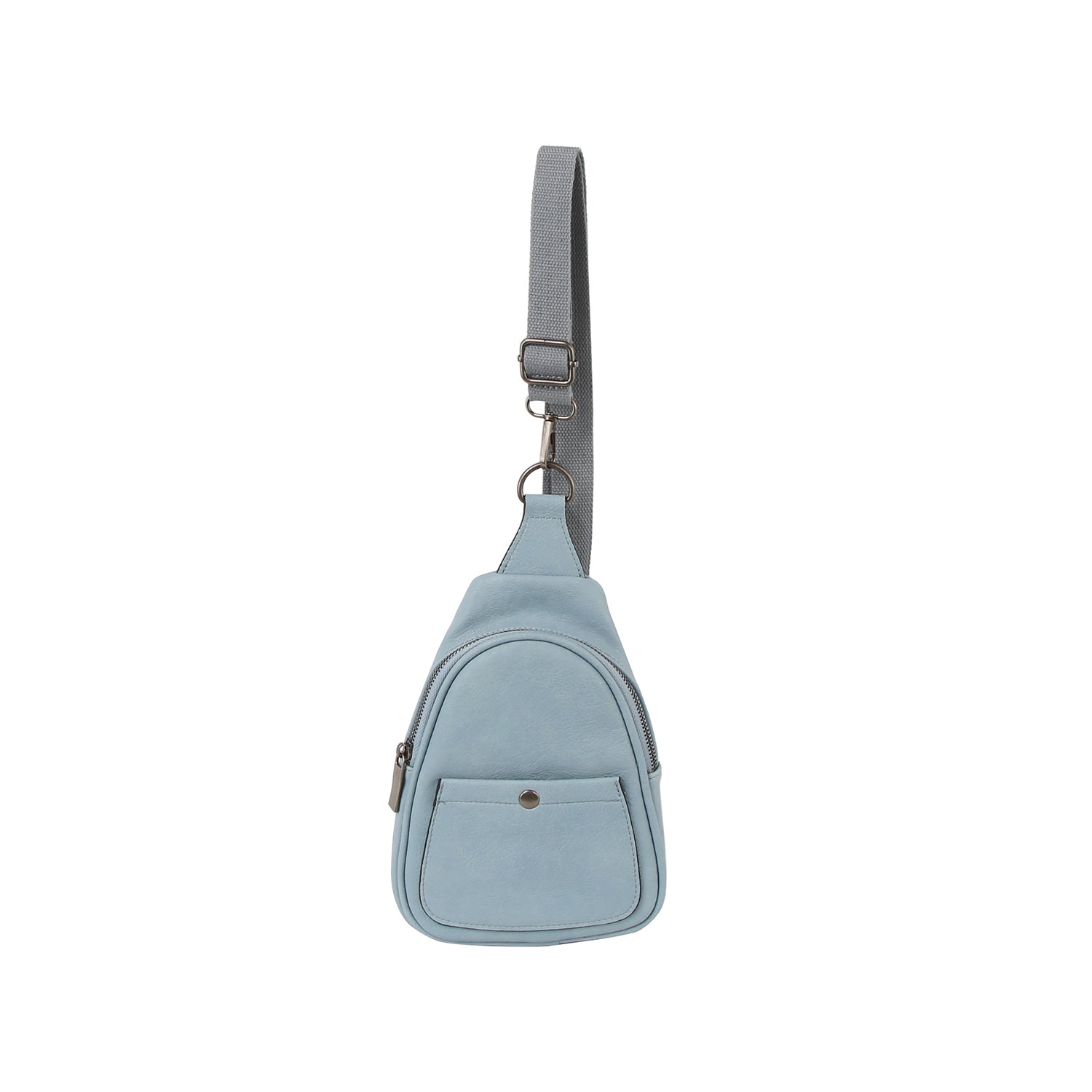 The Casual Front Pocket Front Crossbody Bag is a small, light blue faux leather sling bag with a front pocket, adjustable gray strap, and top zip closure, shown against a white background.