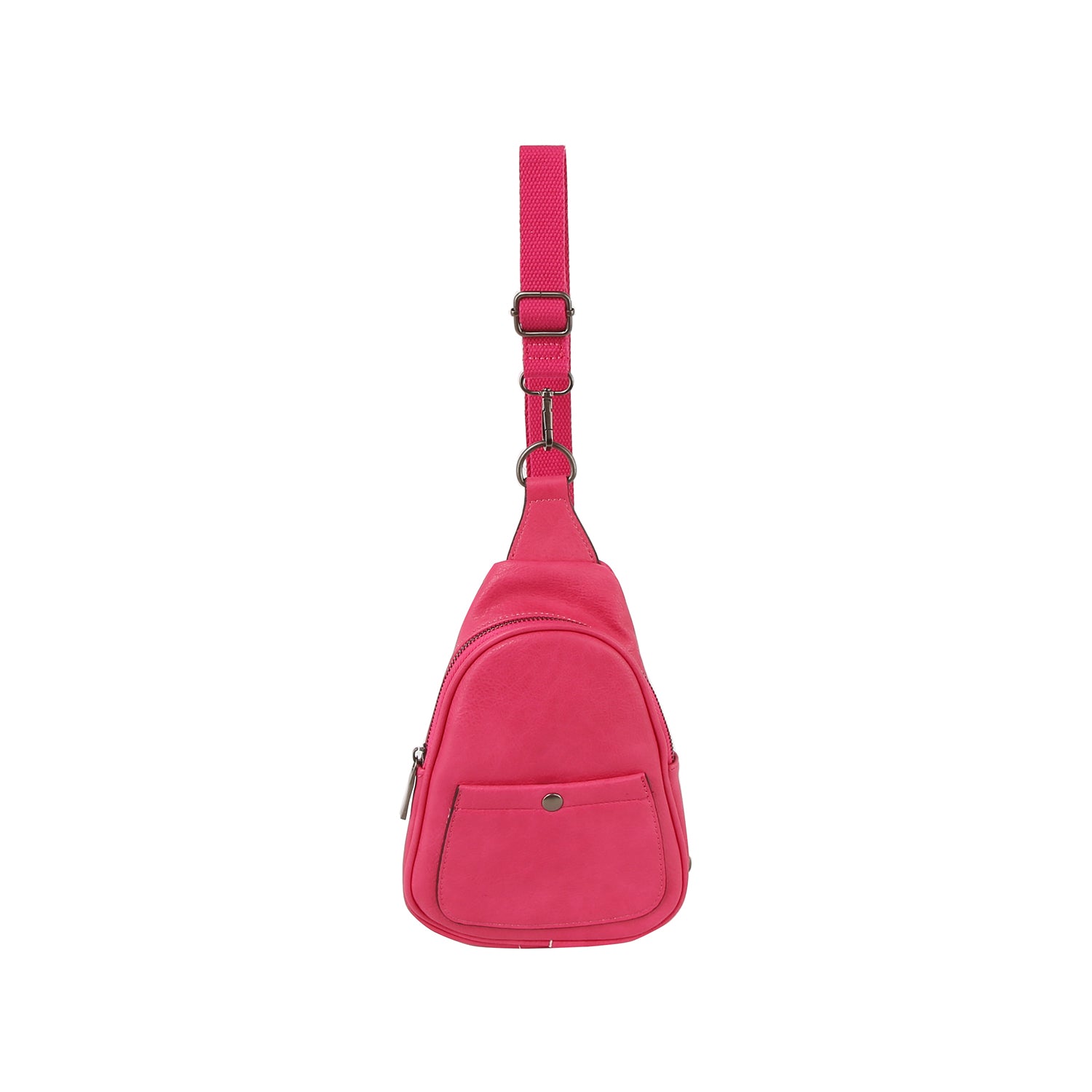 The Casual Front Pocket Front Crossbody Bag is a bright pink faux leather sling bag with an adjustable strap, snap-button front pocket, and zippered main compartment, displayed against a white background.