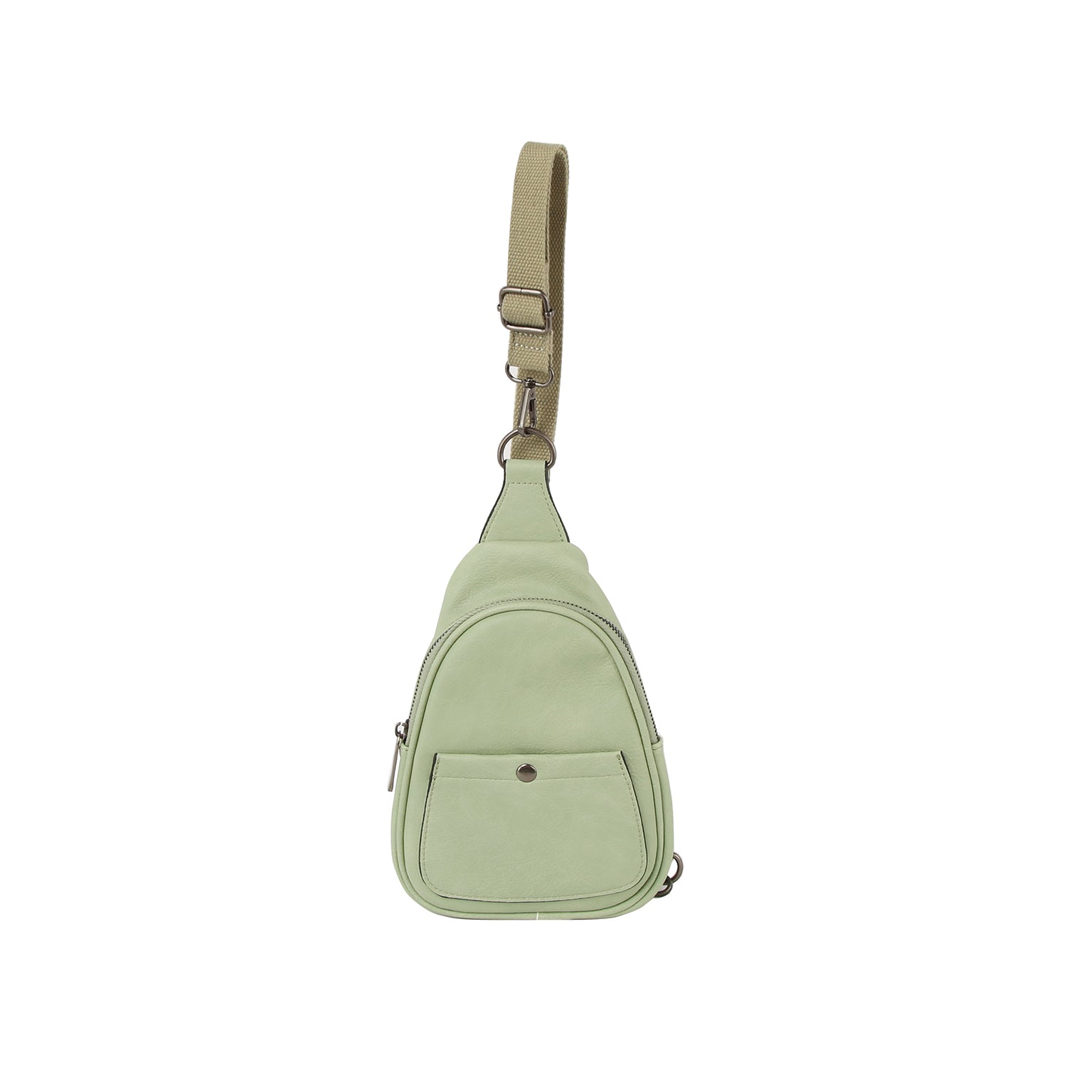 The Casual Front Pocket Front Crossbody Bag is a light green faux leather sling bag with a front pocket, top zip closure, and adjustable beige strap, shown against a white background.