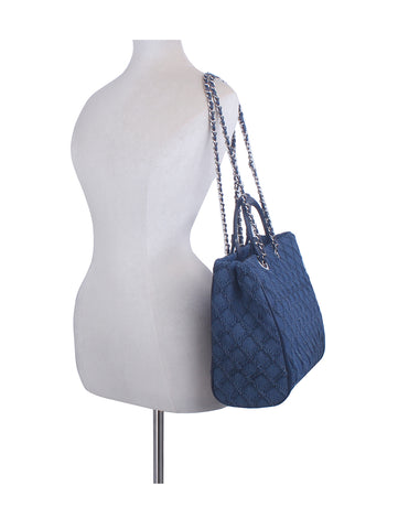 Quilted Design Denim Chain Tote