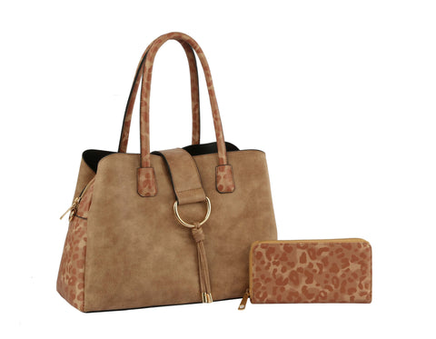 Leopard Accented Tote Handbag Set