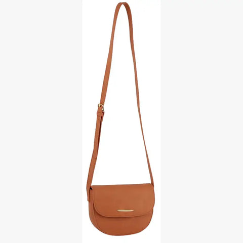 The Top Flap Petite Crossbody Bag is a brown faux leather bag with an adjustable single strap, flap closure, and elegant gold-toned hardware.