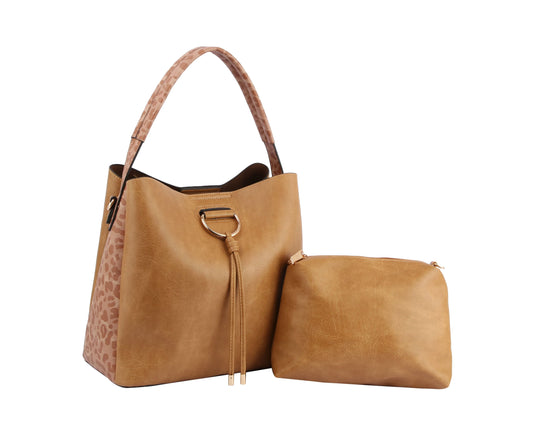 Leopard Trim  Hobo Handbag Two Piece Set