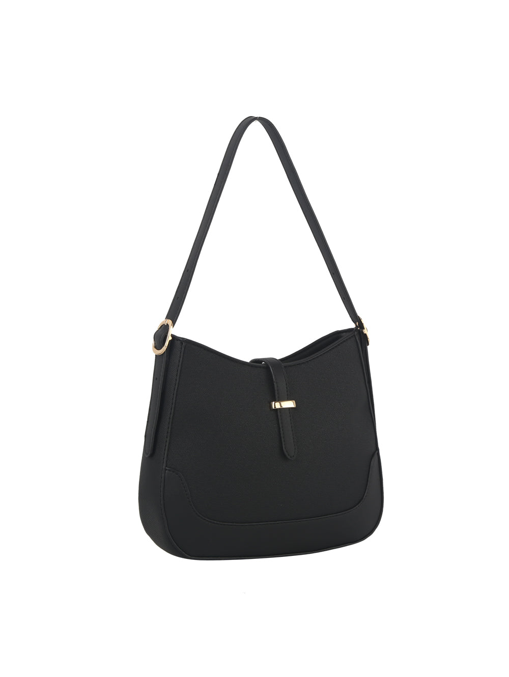 The Two Tone Classic Hobo Handbag, a black leather shoulder bag with a single strap, gold-tone hardware, and a minimalist design, is displayed on a white background.