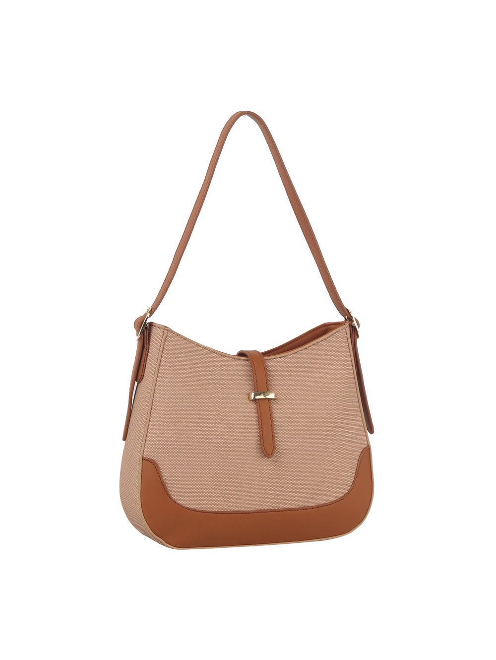 The Two Tone Classic Hobo Handbag features a structured design with a soft beige canvas body, tan and brown accents, faux-leather trim, a single strap, and a gold-tone metal accent on the front.