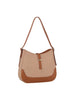 The Two Tone Classic Hobo Handbag features a structured design with a soft beige canvas body, tan and brown accents, faux-leather trim, a single strap, and a gold-tone metal accent on the front.