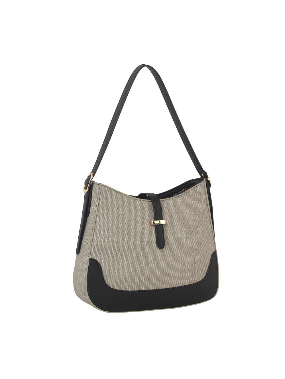The Two Tone Classic Hobo Handbag is a beige luxury canvas bag with black faux-leather trim, a black strap, gold-toned hardware, a curved bottom, front flap with small buckle, and a sleek minimalist design.