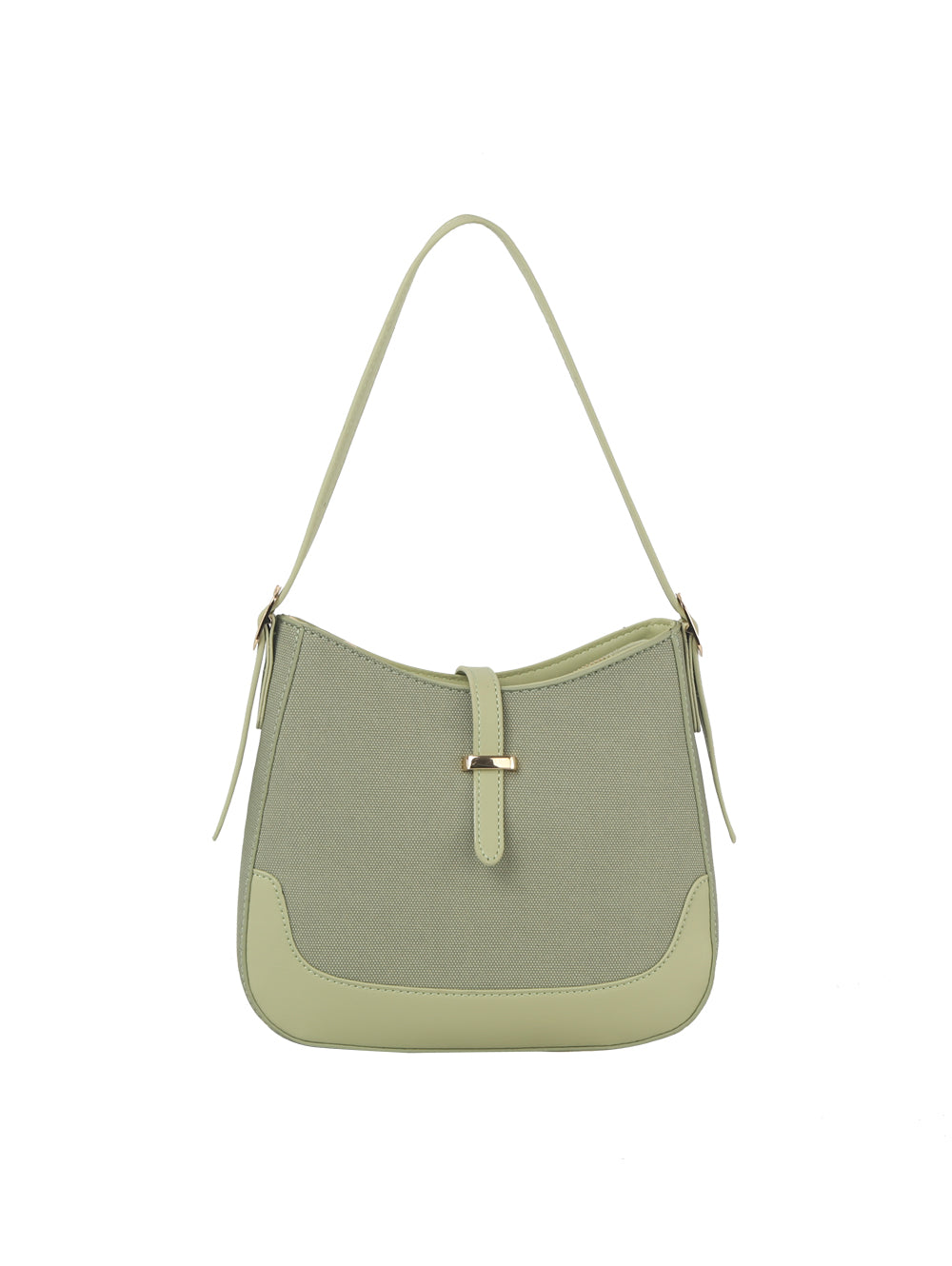 The Two Tone Classic Hobo Handbag is a light green luxury canvas bag with a single shoulder strap, gold-toned buckle detail, and matching faux-leather trim on bottom corners, shown against a plain white background.