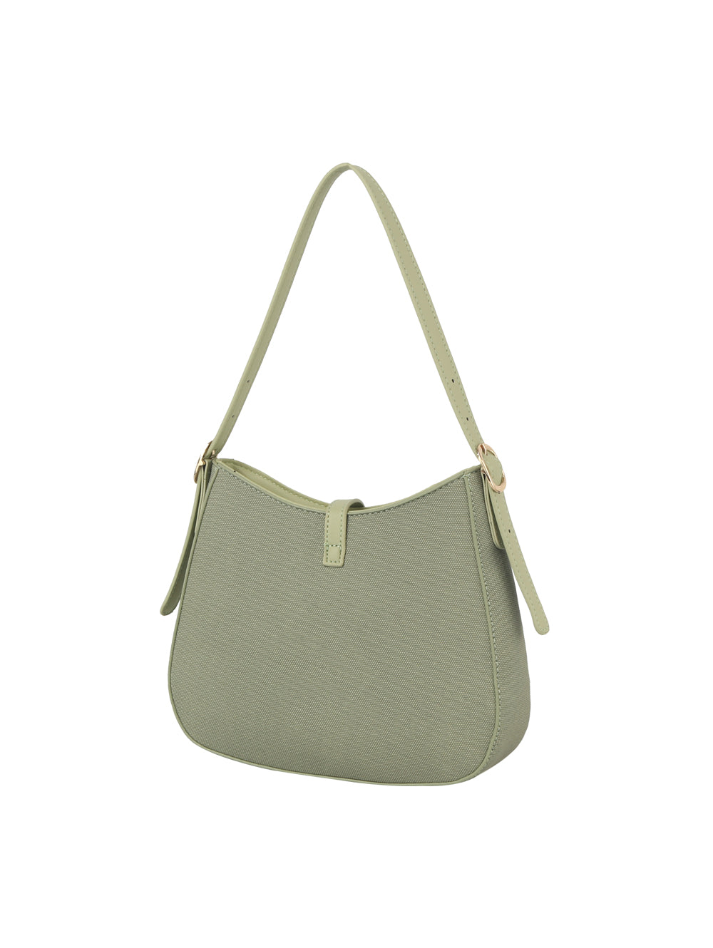 The Two Tone Classic Hobo Handbag is a light green luxury canvas bag with a minimalist design, short shoulder strap, faux-leather trim, curved rectangular shape, and gold hardware accents.