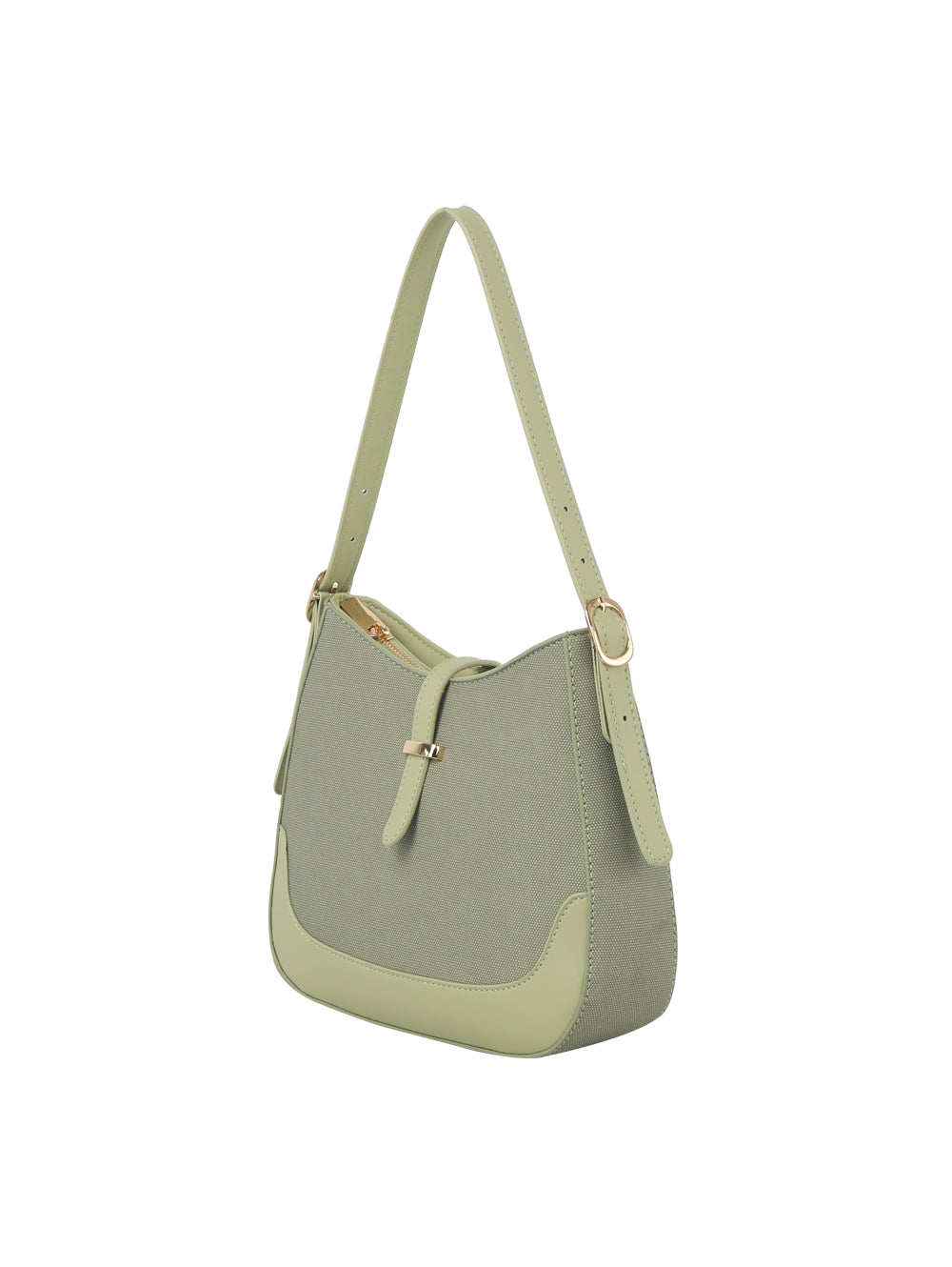 The Two Tone Classic Hobo Handbag is a light green luxury canvas bag with a smooth leather finish, gold-toned hardware, single strap, front buckle detail, and a structured rectangular shape set against a white background.