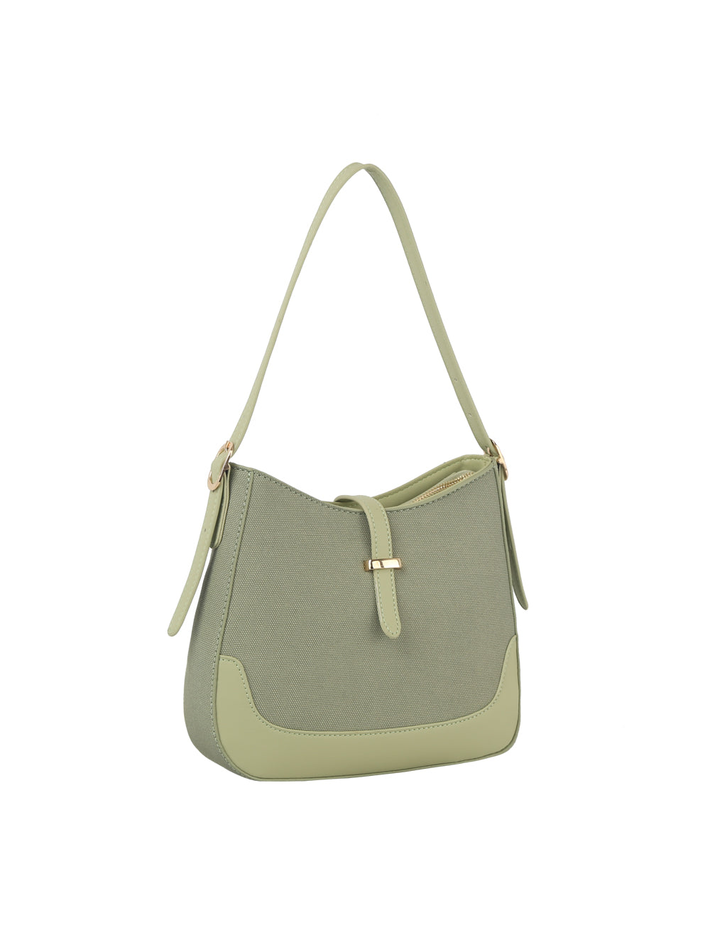The Two Tone Classic Hobo Handbag is a stylish light green luxury canvas bag with faux-leather trim, a single shoulder strap, gold-toned hardware, and a front buckle closure, shown against a plain white background.