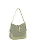 The Two Tone Classic Hobo Handbag is a stylish light green luxury canvas bag with faux-leather trim, a single shoulder strap, gold-toned hardware, and a front buckle closure, shown against a plain white background.