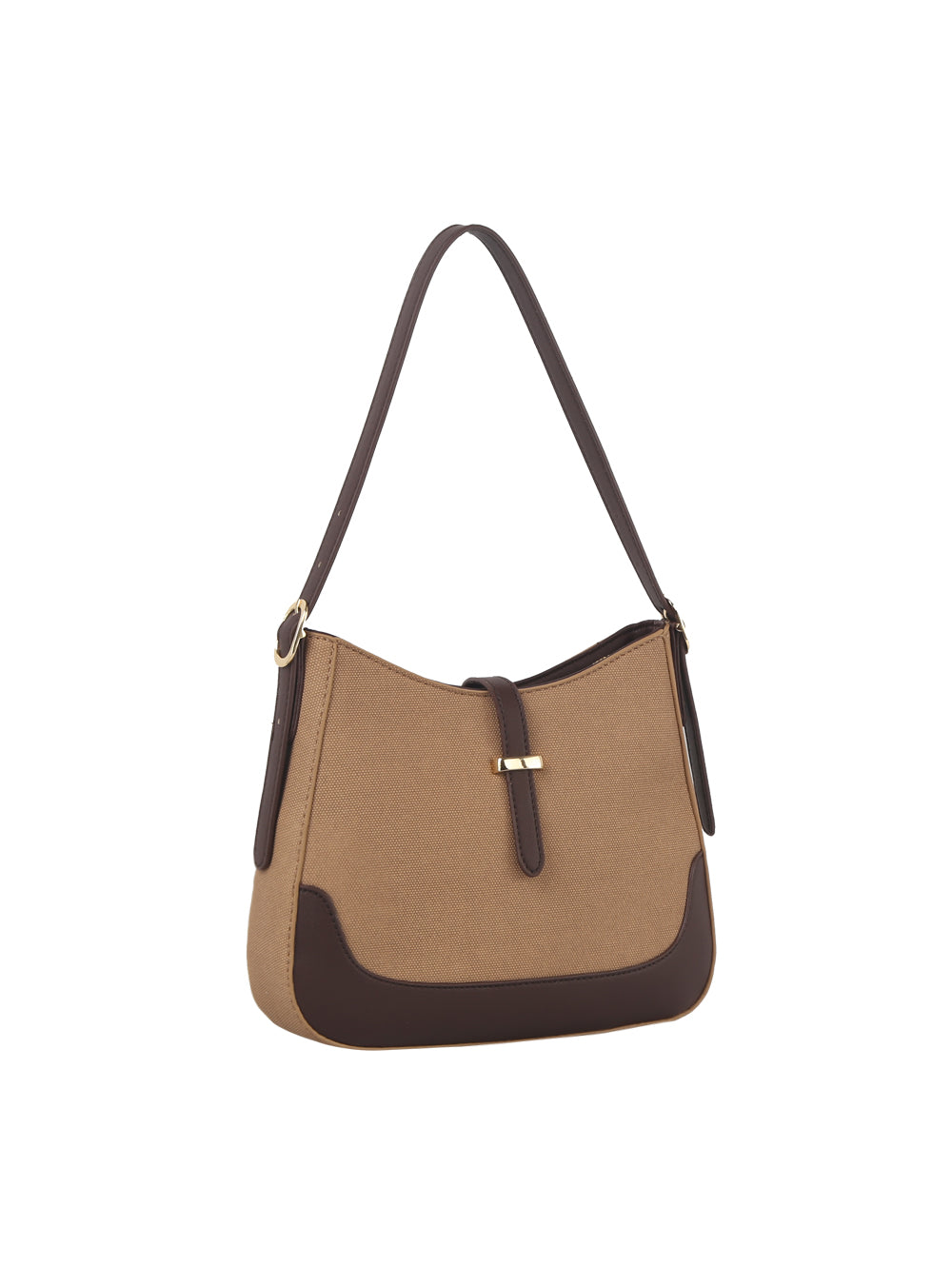 The Two Tone Classic Hobo Handbag features a tan and dark brown luxury canvas, single strap, gold-toned hardware, and a curved base accent, shown against a plain white background.