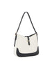 The Two Tone Classic Hobo Handbag features a stylish white canvas body, black strap, faux-leather bottom trim, and a gold-toned front buckle accent, shown against a white background.