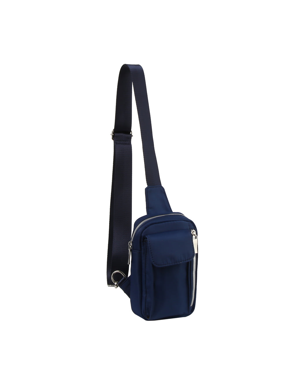 The Trendy Front Crossbody is a small, navy blue bag with a lightweight design, wide adjustable strap, two zippered compartments, and a front pocket, displayed against a plain white background.