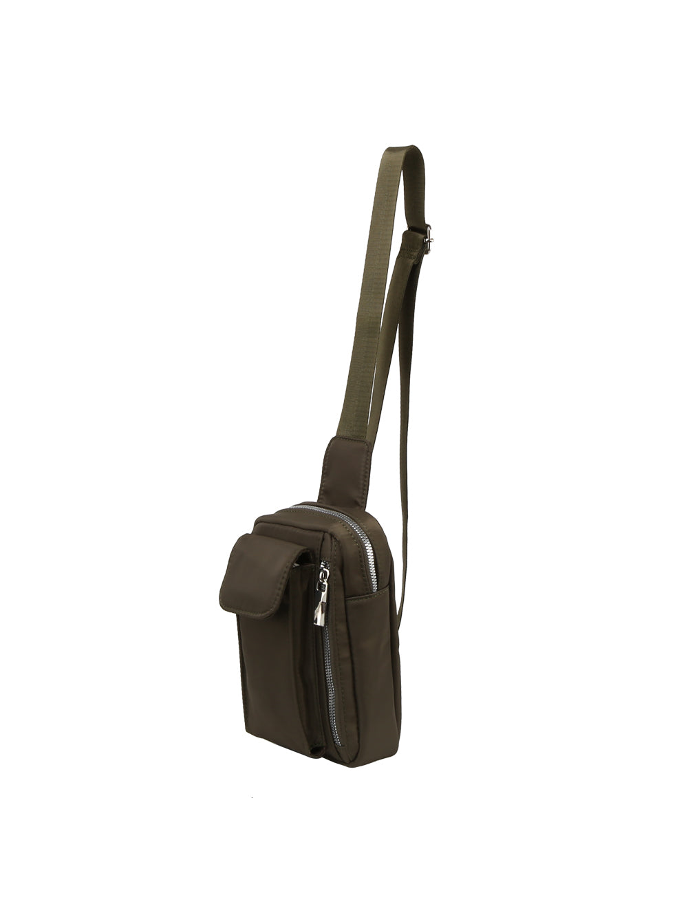 The Trendy Front Crossbody is a small olive green bag with a long adjustable strap, lightweight build, multiple zippered compartments, and a front pocket, shown against a plain white background.