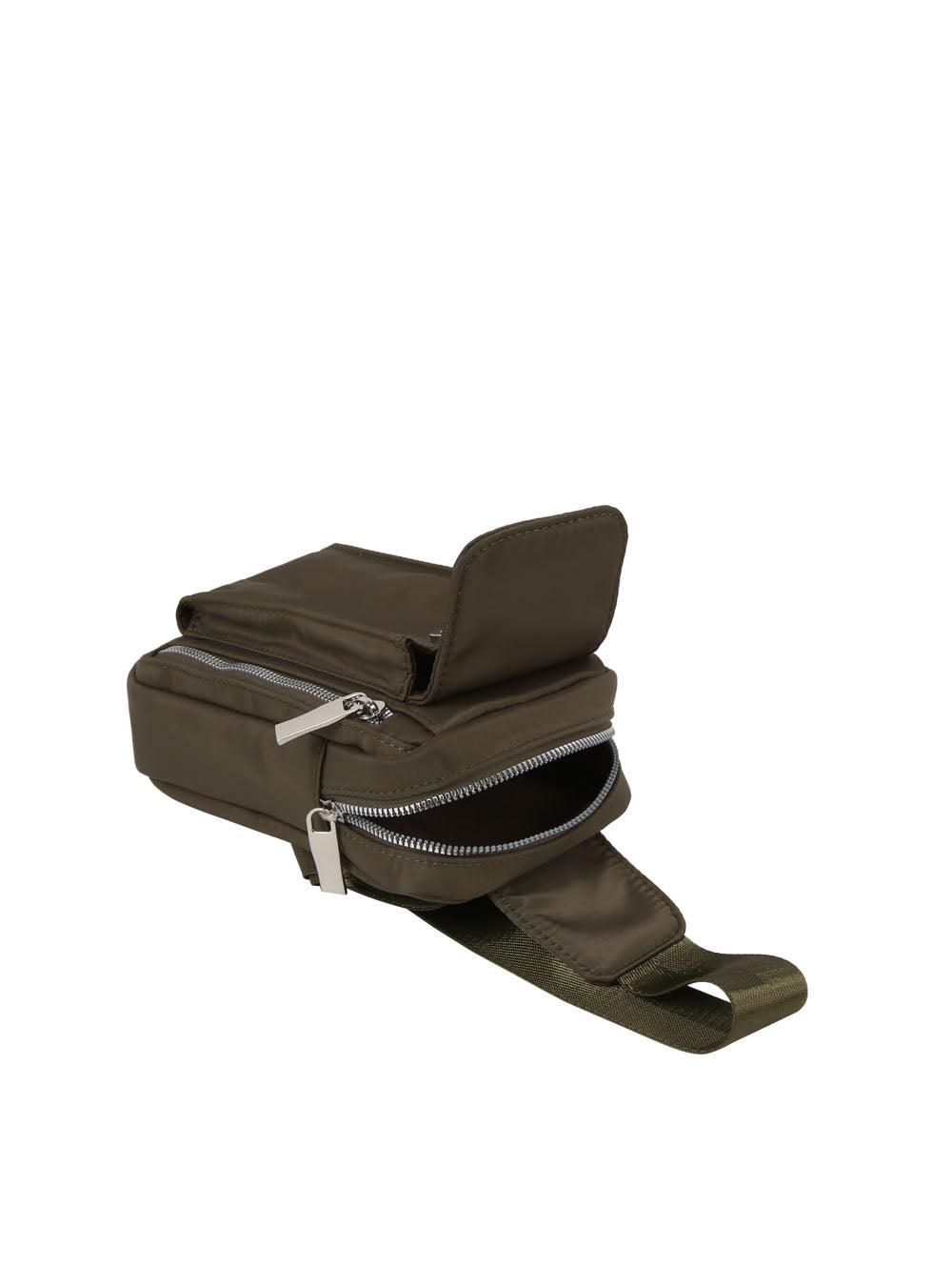 The Trendy Front Crossbody in olive green features a lightweight design, two zippered compartments, one open flap, and an adjustable strap, displayed extended on a white background.