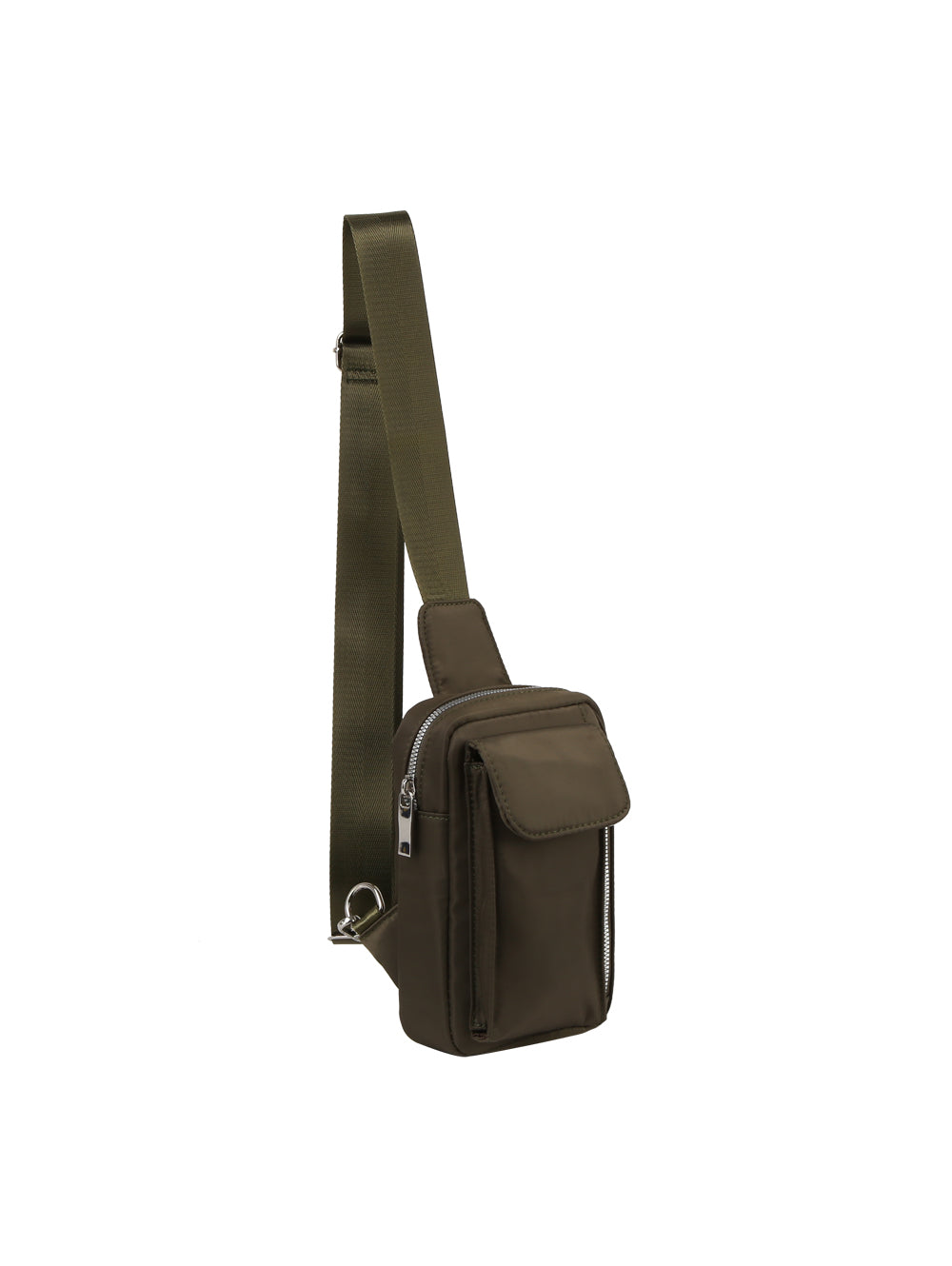 The Trendy Front Crossbody is a small, olive green bag with a lightweight design, wide adjustable strap, zippered main compartment, and front flap pocket, shown against a plain white background.